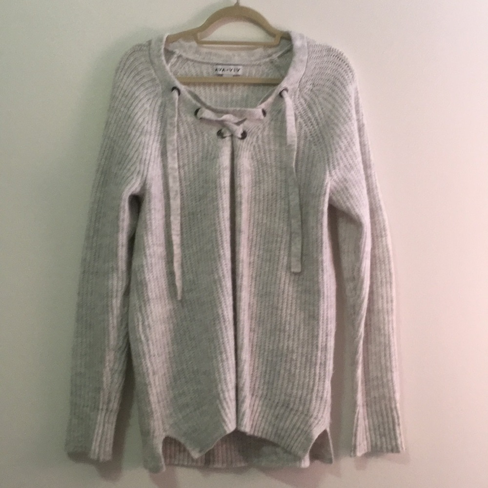Ava & Viv Light Gray Lace-Up Ribbed Knit Sweater